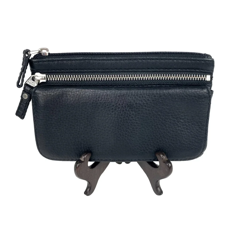 Fossil Leather Wallet Black Pebbled Zip Pockets LKNU